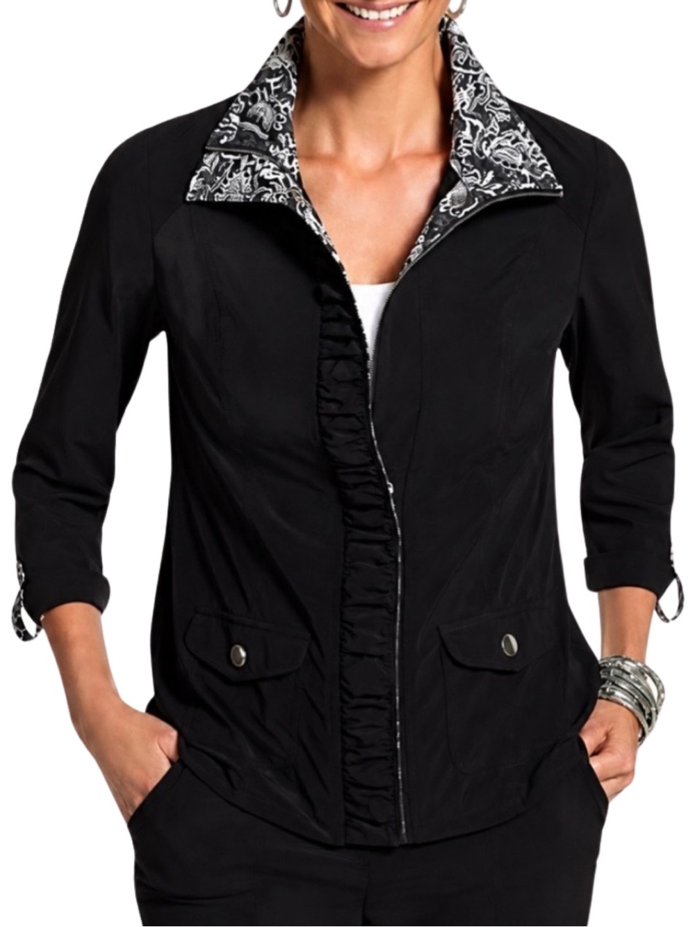 Chico’s Zenergy Zip and Snap Lightweight Jacket - 3 (XL) - Black, White, Floral